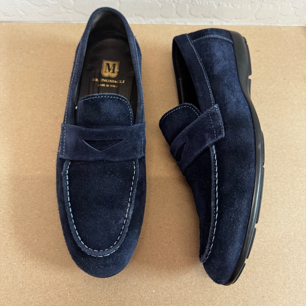 Bruno Magli Benito Men 9.5 M Navy Blue Suede Penny Loafer Italy Preppy Classic